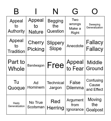 Logical Fallacy Bingo Card
