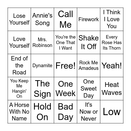 #1 Songs---SET 1 Bingo Card