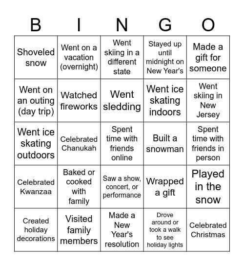 What I Did Over Holiday Break Bingo Card