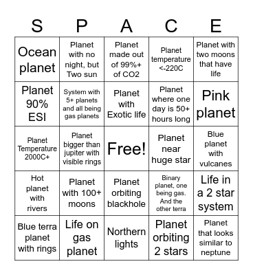 Space engine bingo Card