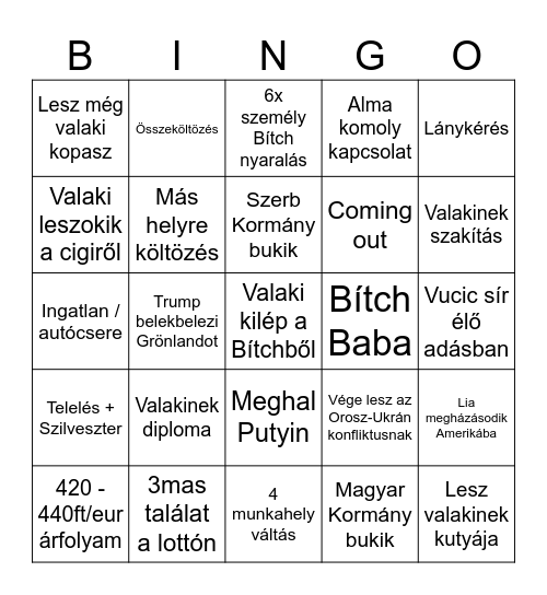 Bítch Bingó 2026 Bingo Card