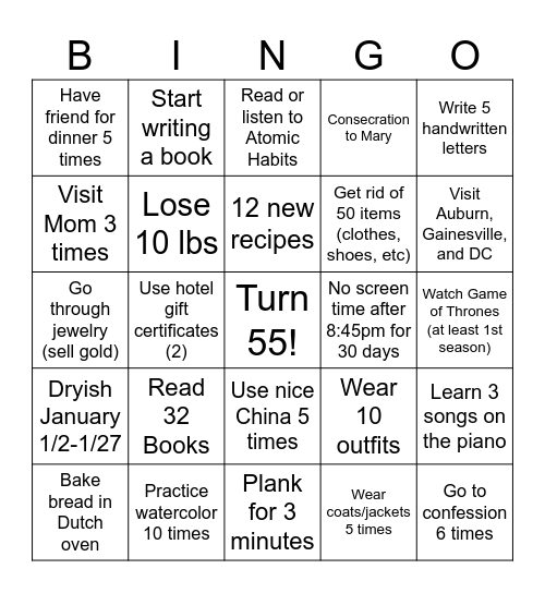 2026 Goals Bingo Card