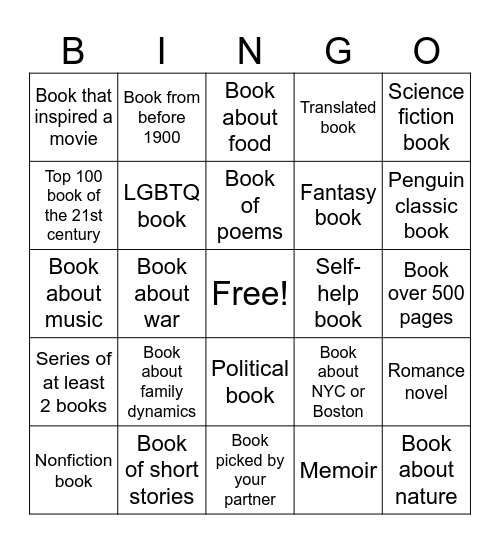 Reading Bingo Card