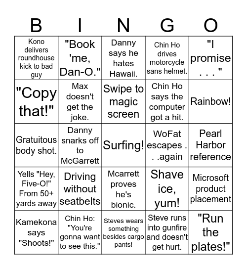 Hawaii Five-O Bingo Card