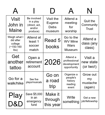 Aidan 2026 Bingo Card