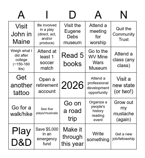 Aidan 2026 Bingo Card