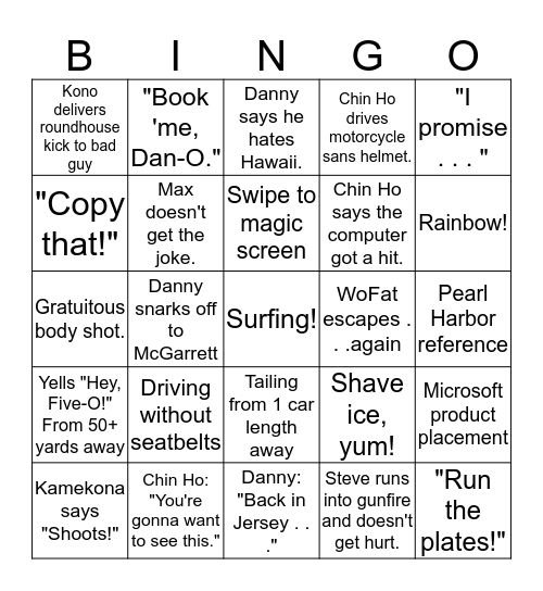 Hawaii Five-O Bingo Card