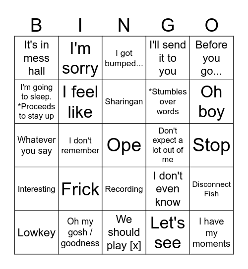 Nick's BINGO Card Bingo Card