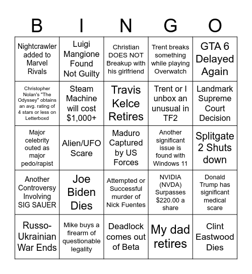 2026 Bingo Card Bingo Card