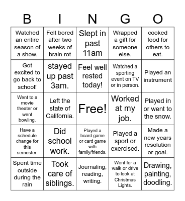 Winter Break Bingo! Bingo Card