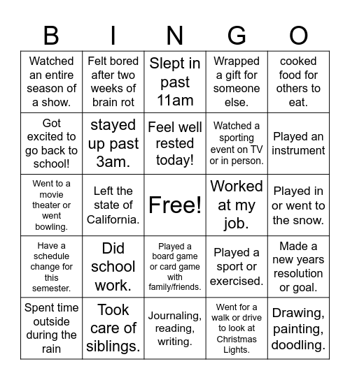 Winter Break Bingo! Bingo Card