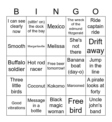 Beach Music Bingo Card