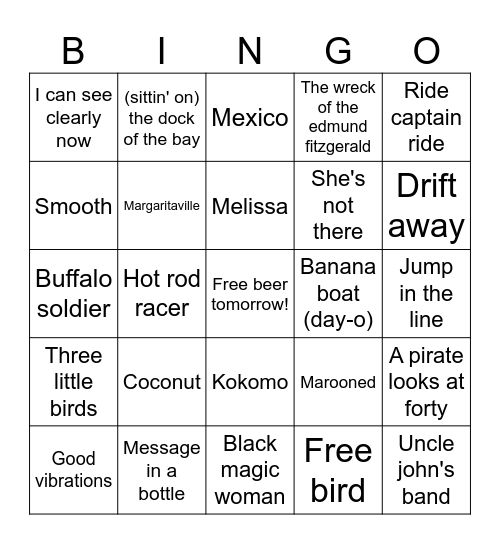Beach Music Bingo Card