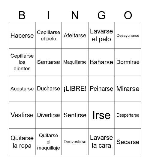 Reflexive Verbs Bingo Card