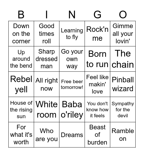 Classic Rock and Pop Bingo Card
