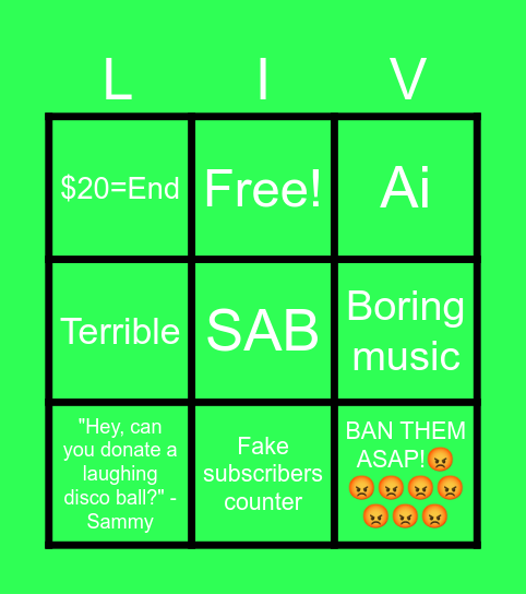 Live Stream Bingo. Bingo Card