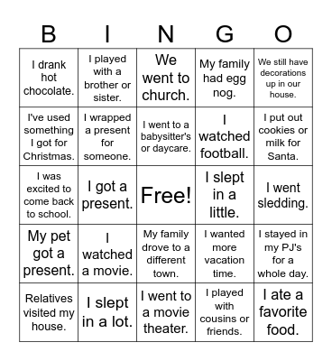 Winter Break Chat Bingo Card