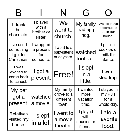 Winter Break Chat Bingo Card