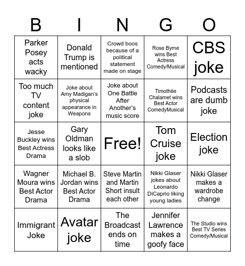 Nick Digilio's Golden Globes '26 Bingo! Bingo Card