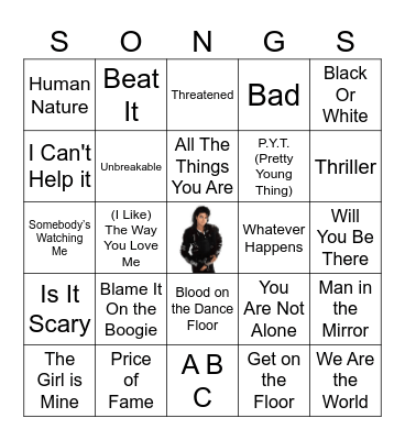 Michael Jackson Songs Bingo Card