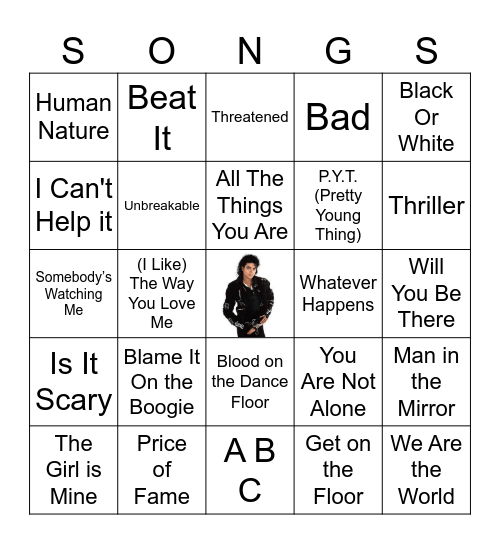 Michael Jackson Songs Bingo Card