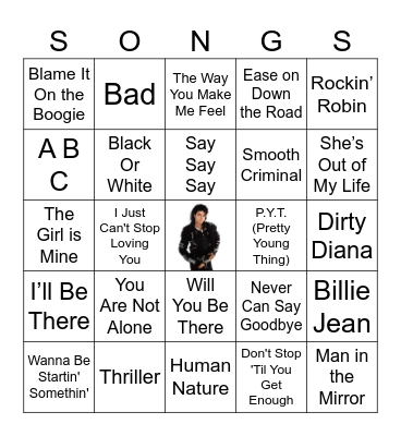Michael Jackson Songs Bingo Card