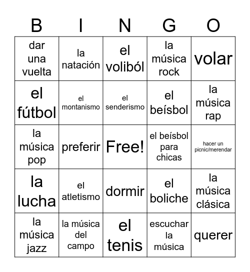 Spn IIB Unidad 5 Vocab 1 Los Deportes Bingo Card