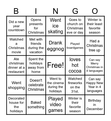 CHRISTMAS + NEW YEAR BINGO: find someone who... Bingo Card