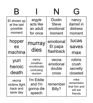 stranger things season 4 finale Bingo Card