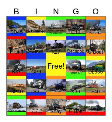 Union Pacific and other Railroads in Colorado that I would like to capture on video on a camera with PWP one day Bingo Card