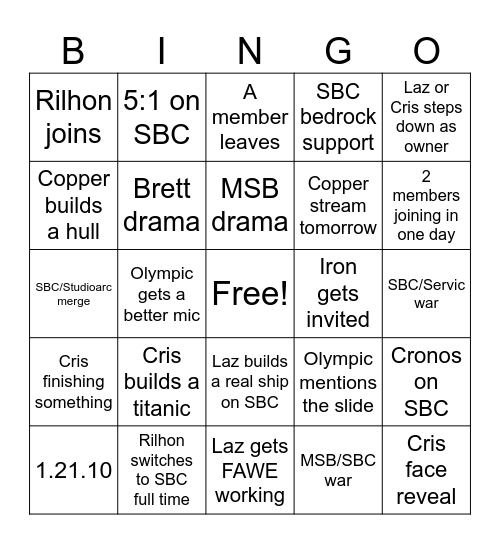 SBC BINGO BOARD Bingo Card