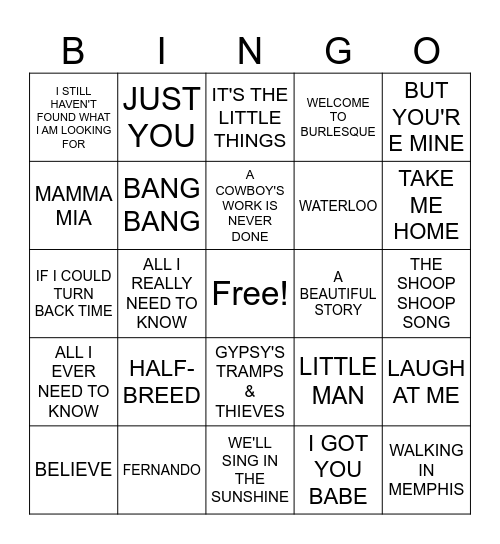 SONY & CHER Bingo Card
