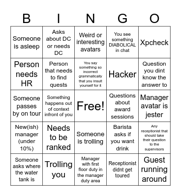 Manager Duty Bingo! Bingo Card
