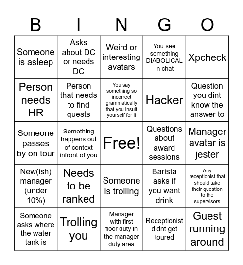 Manager Duty Bingo! Bingo Card