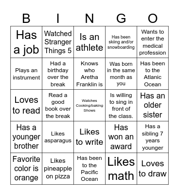 Back from Break BINGO Card