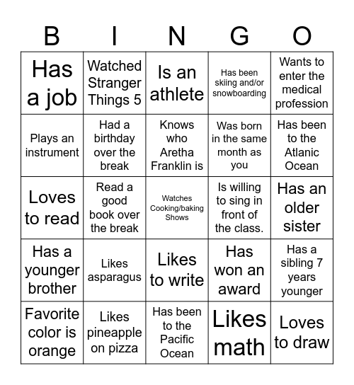 Back from Break BINGO Card