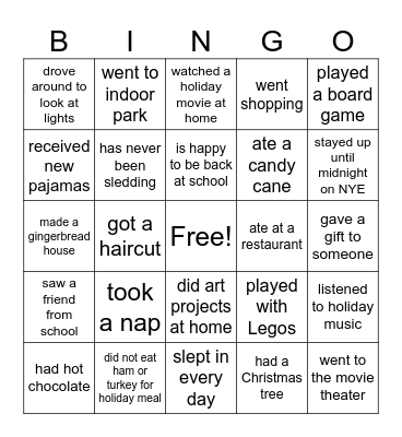 Find Someone Who...Winter Break Edition Bingo Card