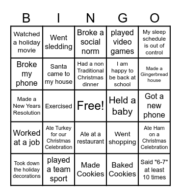 Winter Break Bingo Card