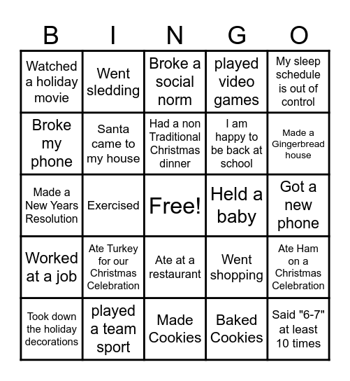 Winter Break Bingo Card
