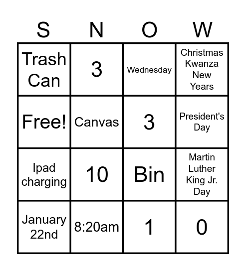 Back from Winter Break Bingo Card