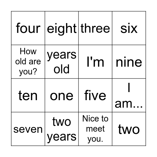 Numbers Bingo Card
