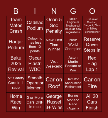 F1 Bingo 2026 Bingo Card