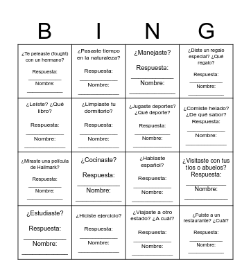 Lotería: Las vacaciones Bingo Card