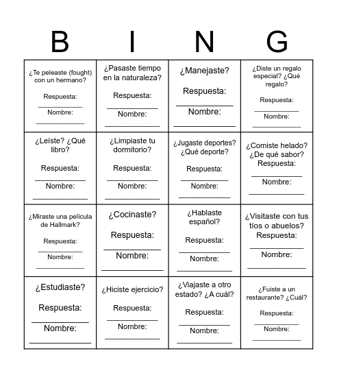 Lotería: Las vacaciones Bingo Card