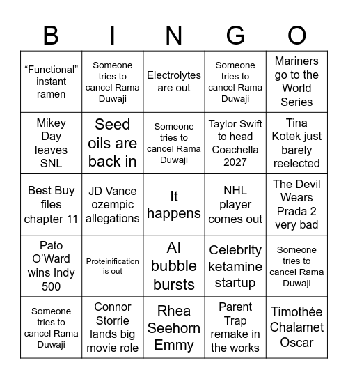 2026 Bingo Card Bingo Card