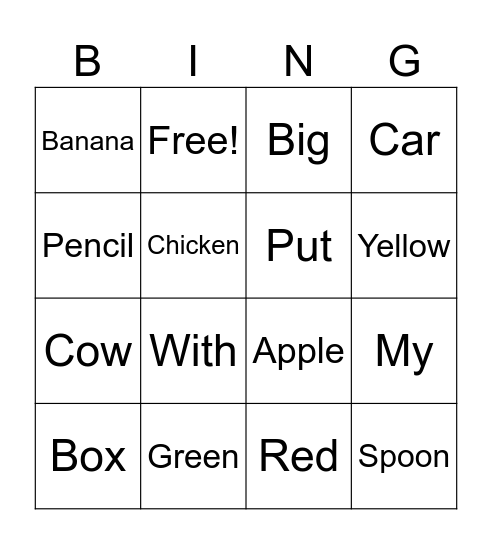 Edmark Sight Word Bingo Card