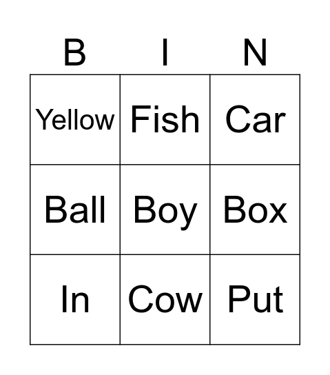 Edmark Sight Word Bingo Card