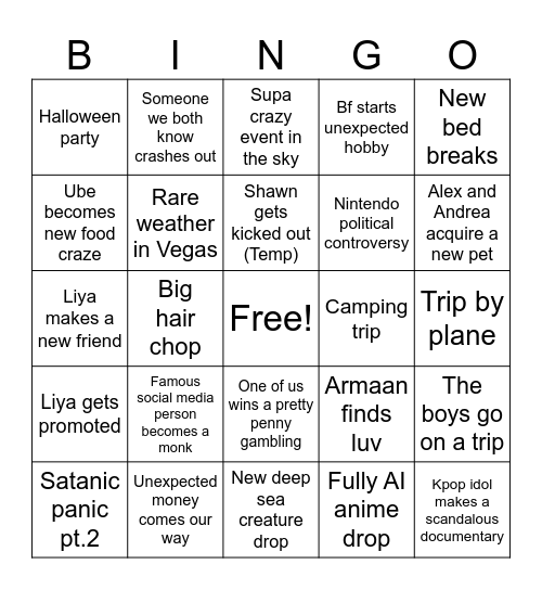 Liya’s 2026 Predictions Bingo Card