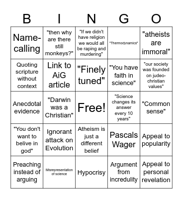 Shitty Theist Bingo Card