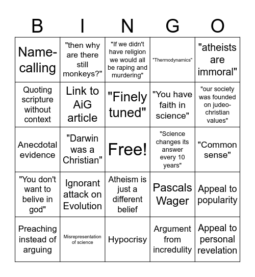 Shitty Theist Bingo Card